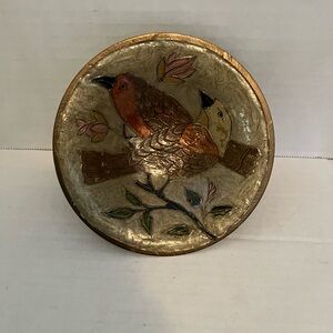 Vintage Enamel Brass Pedestal Bowl - 2 Birds - Made In India